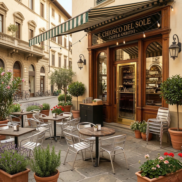 Dehors di un bar storico con sedie Alu in alluminio e tavolini tondi