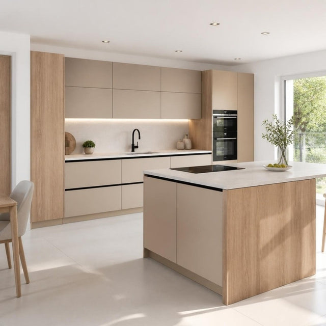 Cucina modulare Duna Pozzoli con isola, ante sabbia e rovere