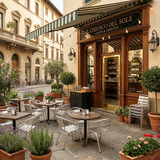 Dehors di un bar storico con sedie Alu in alluminio e tavolini tondi