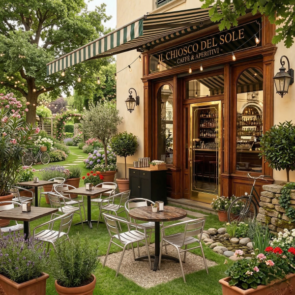 Arredamento esterno ristorante con sedie in alluminio modello Alu in area verde