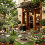 Arredamento esterno ristorante con sedie in alluminio modello Alu in area verde