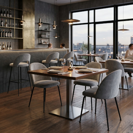 Esempio di arredamento ristorante moderno con sedie Curva grigie e tavoli neri quadrati